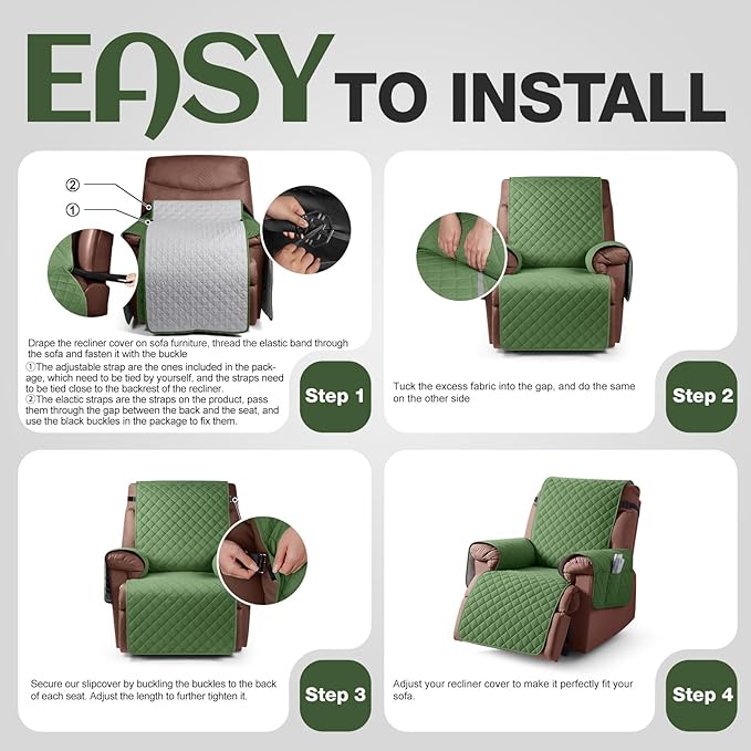 KinCam 100% Waterproof Recliner Chair Cover, Reclining Couch Covers for Pets, Dogs, Recliner Couch Slipcover Furniture Protector with Elastic Straps for Kids(28", Vine Green)