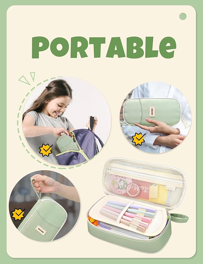 SUNEE Cute Pencil Case, Aesthetic Pen Pouch, Colored Large Pencil Bag with Zipper, Kawaii Stationery Storage and Organizer, School Supplies for Teen and Adult Girls, Green