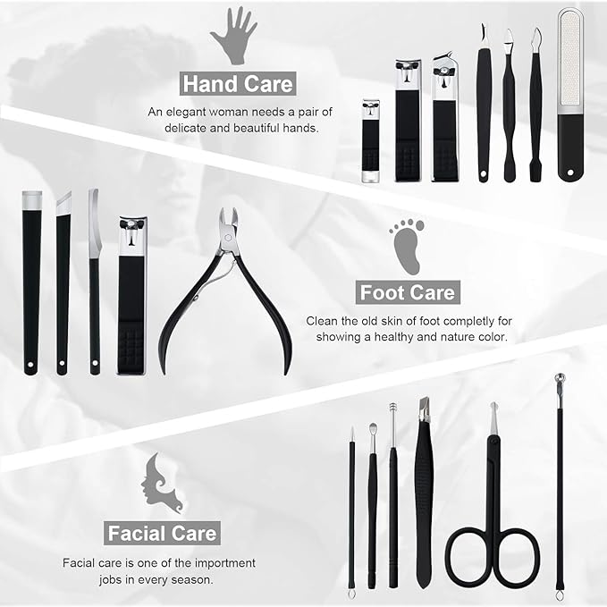 Professional Stainless Steel Nail Clipper Travel & Grooming Kit Nail Tools Manicure & Pedicure Set of 18pcs with Luxurious Case (Black/White)