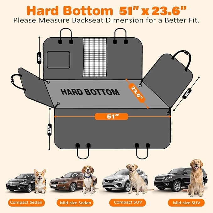 URPOWER PU Leather Backseat Extender for Dogs, Hard Bottom Dog Car Seat Cover for Back Seat, Waterproof Dog Car Hammock Anti-Scratch Pet Rear Seat Protector Travel Bed for Car and SUV