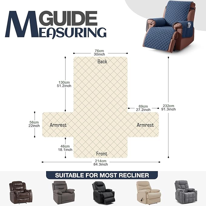 KinCam 100% Waterproof Recliner Chair Cover, Reclining Couch Covers for Pets, Dogs, Recliner Couch Slipcover Furniture Protector with Elastic Straps for Kids(30", Blue)