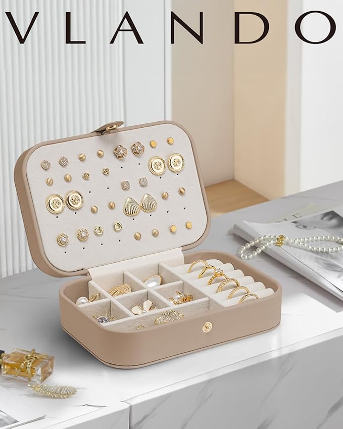 VLANDO Travel Jewelry Case for Women Girls Mothers, PU Leather Small Jewelry Box for Rings, Necklaces, Bracelets, Earring Holder Organizer Storage for Travel Accessories, Valentines Gift - Toffee