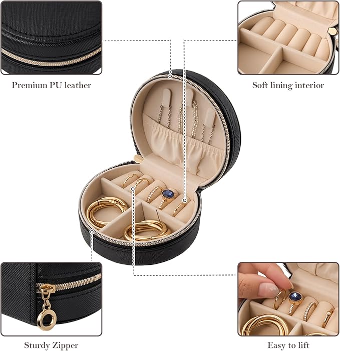 ProCase Travel Size Jewelry Box, Mini Portable Seashell-Shaped Jewelry Case, 2 Layer Organizer in PU Leather for Women -Black