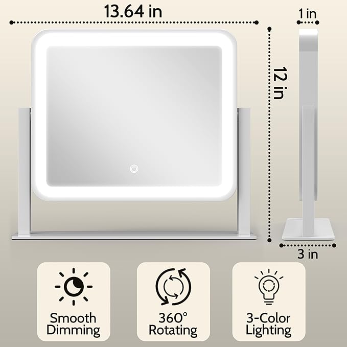 ROLOVE 14"x12"Vanity Mirror, Lighted Makeup Mirror for Vanity Desk, Smart Touch Control, 360° Rotation, 3-Color Modes, Gifts for Women, Bedroom, White