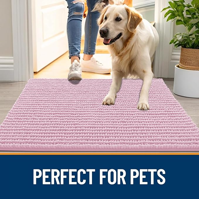 OLANLY Dog Door Mat for Muddy Paws 24x16, Ultra Absorbent Chenille Mud Doormat, Non-Slip Washable and Dirt Trapping Doormat for Indoor Entryway, Quick-Dry Indoor Pet Bed Mats for Dogs, Dusty Rose