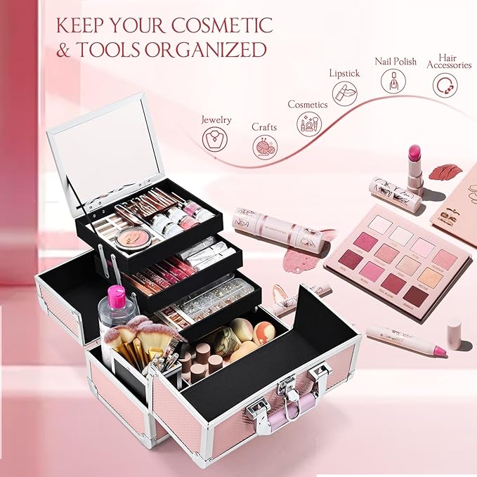 Joligrace Pink Makeup Train Case, 3-Tier Makeup Box Organizer and Portable Makeup Organizer Box, Hard Makeup Case with Mirror and Lock, Professional Makeup Case for Women, 11.8" x 9.1" x 7.1"