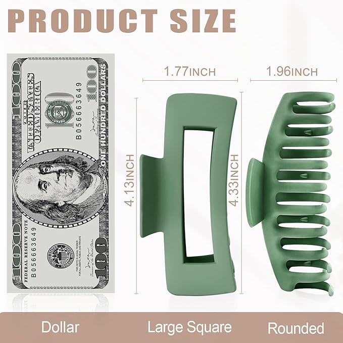 TOCESS Hair Claw Clips for Women - Large 8PK Neutral Matte Jumbo Square Hair Clips for Thick, Thin, Long, Short, Curly Hair Girls, Big Jaw Clip Set for Daily Use (Forest Green)