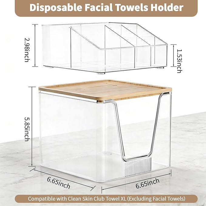 2 in 1 Disposable Facial Towel Holder and Cosmetic Organizer, Clear Storage with Bamboo Lid Compatible with Clean Skin Club Towel XL, Stackable Vanity Organizer for Bathroom Vanity Counter (2 Pack)