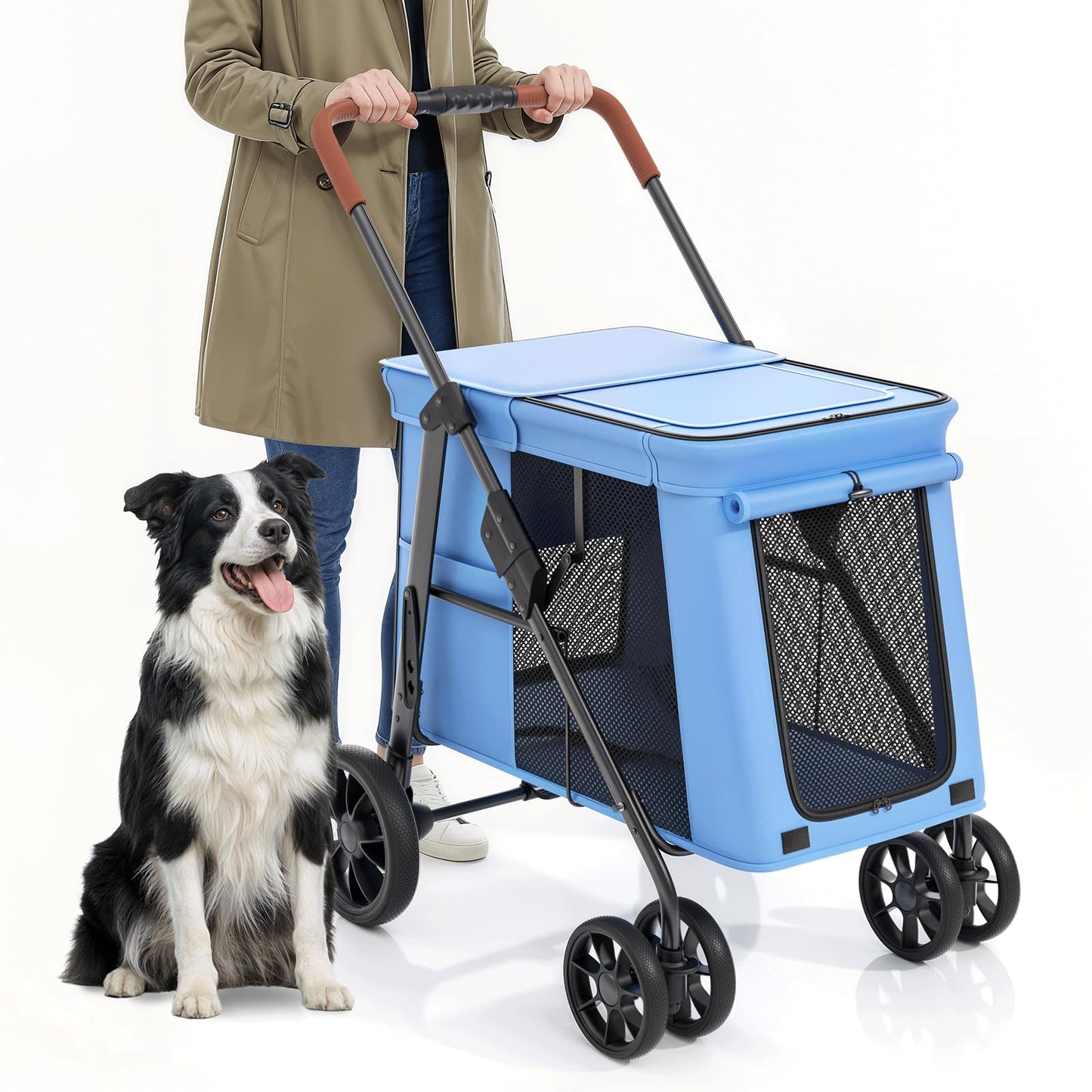 MoNiBloom Pet Stroller for Medium to Large Dogs up to 66lb, One-Button Fold System, Breathable Mesh Top & Sides, Portable Dog Wagon for Outdoor
