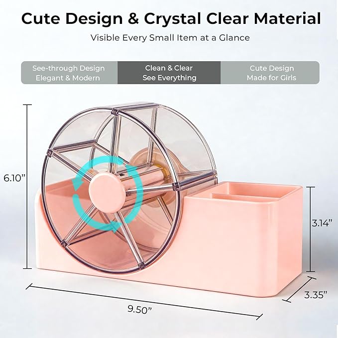 Hair Accessories Organizer for Girls, 2-Slot Hair Brush Holder & 5-Section Rotating Wheel, Cute Makeup Brush Holder for Hair Tile, Clip, Makeup Brush, Earring, Ring, Kids Vanity Accessories (Pink)
