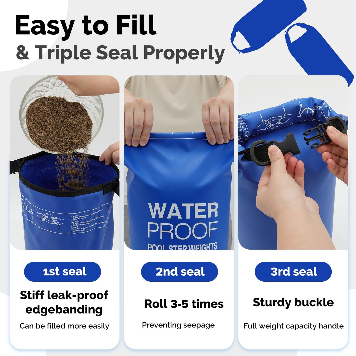 Goovilla Pool Ladder Weights Universal | 2 Pack 10L 500D PVC Waterproof Tear-Resistance Sand Bags for Above Ground Pools Steps | Easy to Fill and Seal with Strong Handle and 2 Straps (Dark Blue)