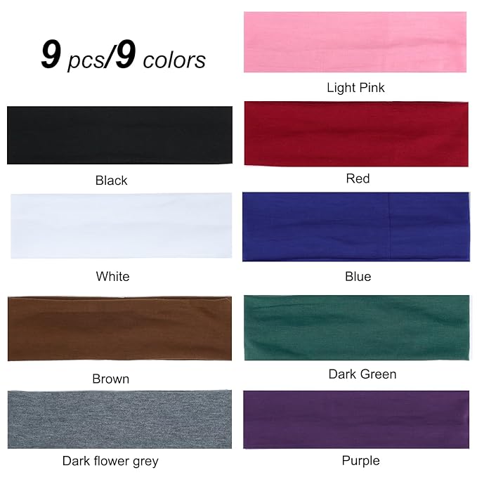 9Pcs Headbands for women Non Slip Headband, Soft Elastic Hair Bands for WomenÃ¢ÂÂs Hair, Fashion Cotton Cloth Stretchy Sweat Bands Headbands for Sports, Makeup, Gym, Running, Yoga, Workout (9Colors-C)