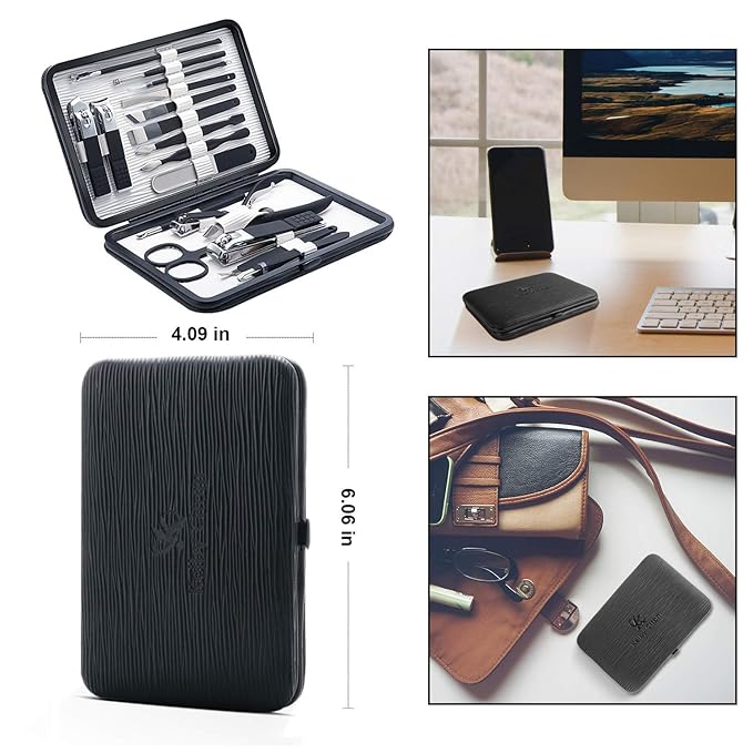 Professional Stainless Steel Nail Clipper Travel & Grooming Kit Nail Tools Manicure & Pedicure Set of 18pcs with Luxurious Case (Black/White)