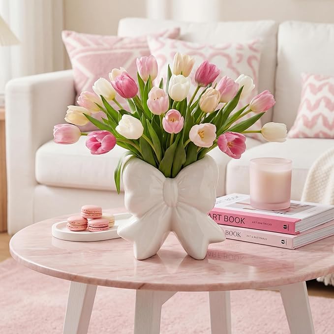 Jingmore Bow Vase Coquette Ceramic Vase Pen Holder Makeup Brush Holder Contemporary Design Decorative Women Gift for Christmas Home Office Shelf Table Room(White,Large,Classic)
