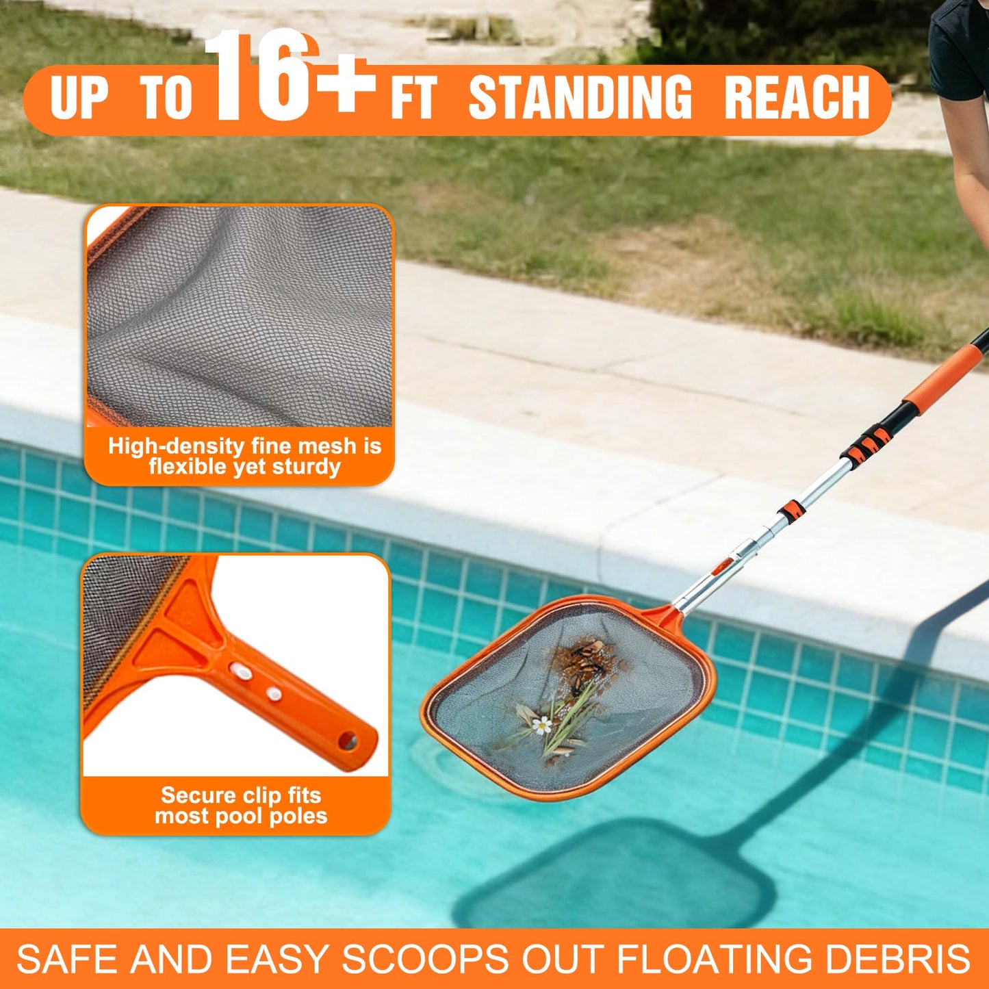 LAANPOLE 4-in-1 Pool Skimmer Net with Pole, Heavy Duty Pool Net and Fine Mesh Leaf Skimmer Net for Above Ground Pool, 16FT Telescopic Pool Pole with Professional Pool Net and Pool Hook for Cleaning