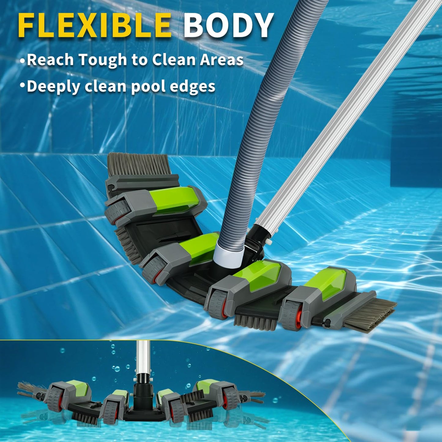 ROMIVO Heavy Duty Pool Vacuum Head with Soft Wheels, 17.5" Extra-Wide & 3.2LB Weighted, Flexible Side & Bottom Brush, Fit for 1.25" & 1.5" Hose, Deep Cleaning for Inground & Above Ground Pool, Gray