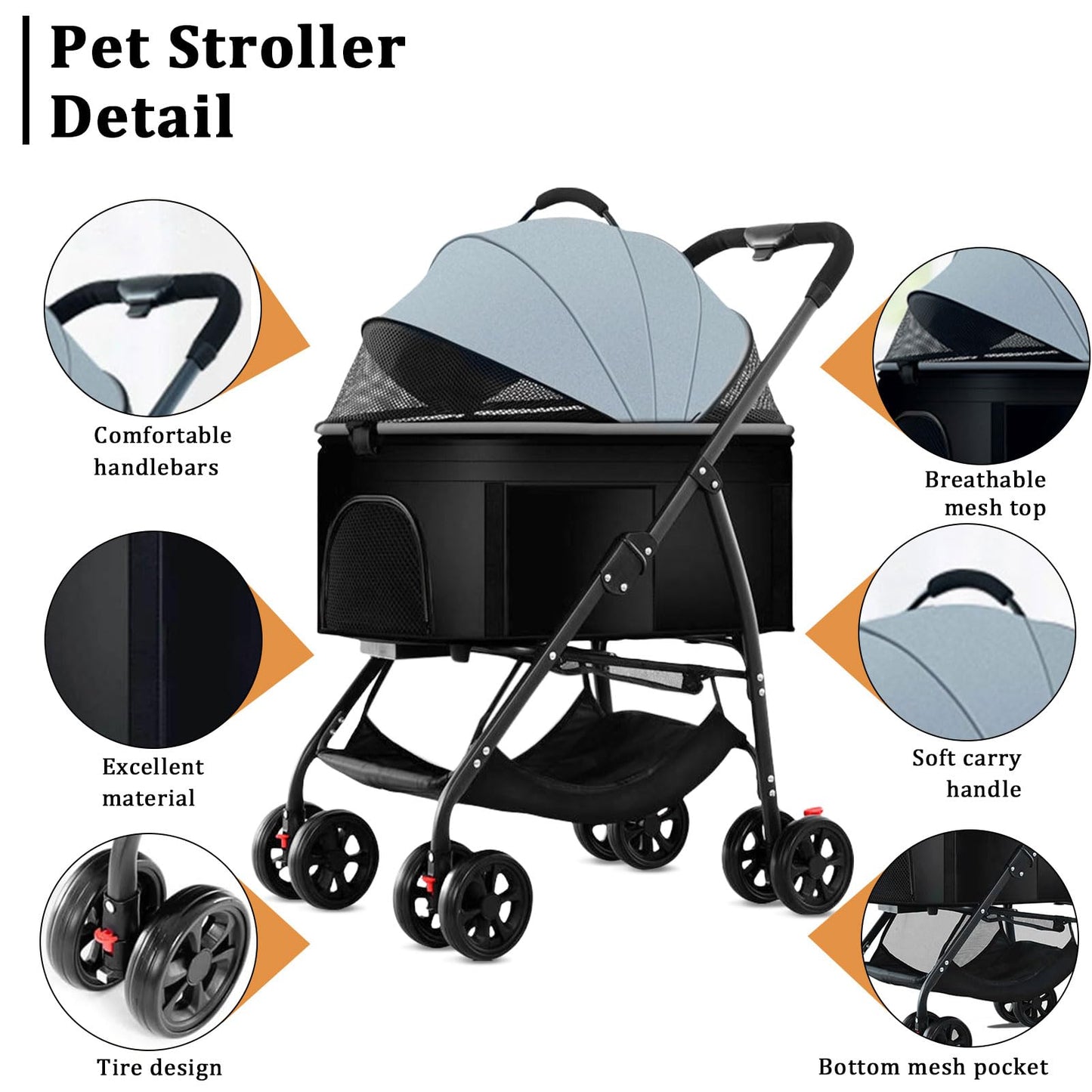 3 in 1 Dog Strollers 4 Wheels Folding Pet Stroller with Detachable Carrier Multifunction Portable Dogs Travel Carriers for Medium Small Puppy Kittens