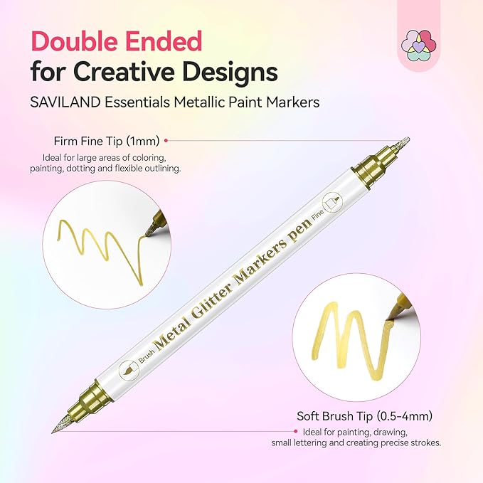 SAVILAND Nail Art Markers Set: 10 Dual-Tipped Metallic Quick Dry Nail Polish Art Pens Fine Tip for Painting Nails, Drawing Dots, Lines & Designs, Home DIY Nail Art Supplies