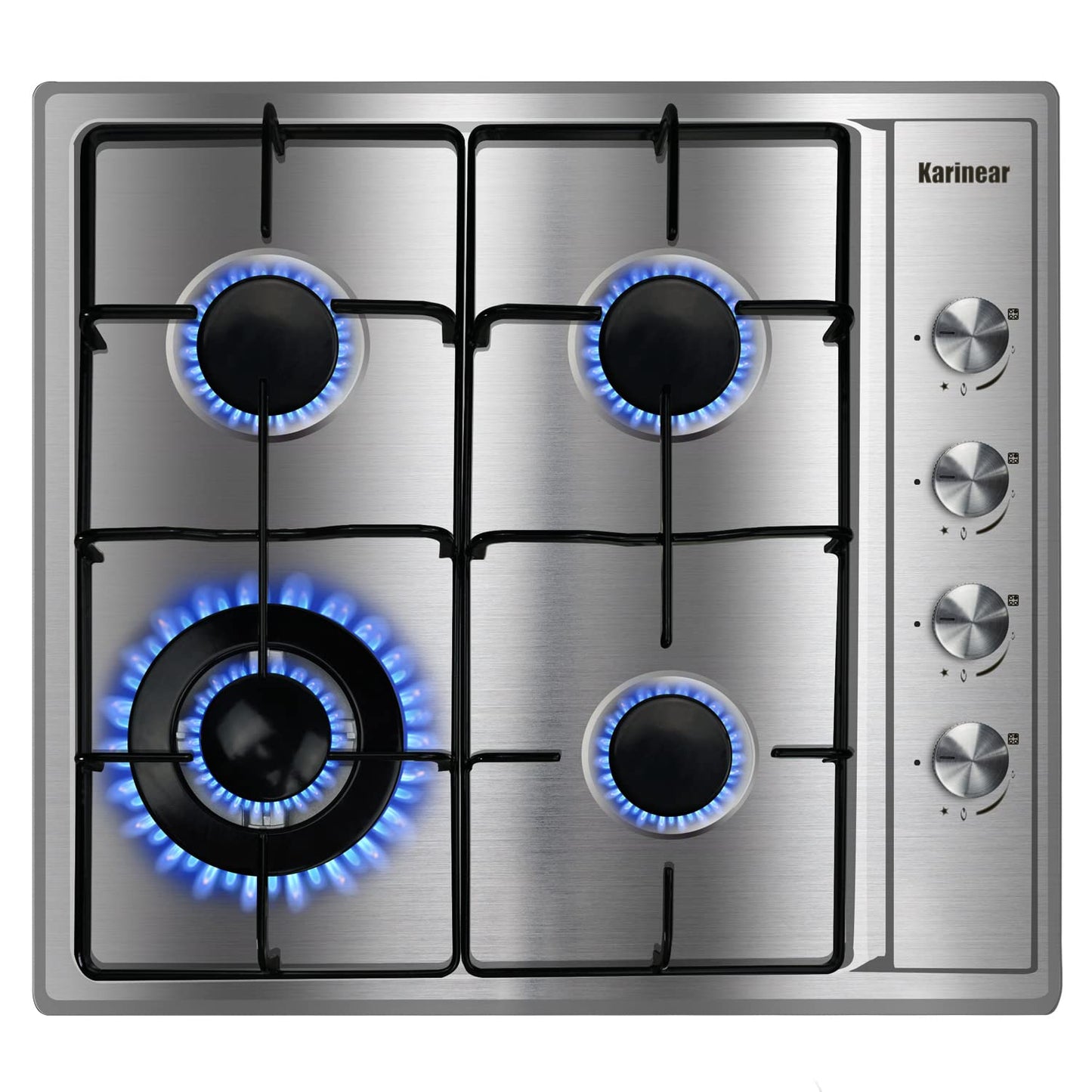 Karinear 24 Inch Gas Cooktop - 4 Burner Stainless Steel Gas Hob, NG/LPG Dual Fuel with Thermocouple Protection for Apartments (Includes Pressure Regulator)