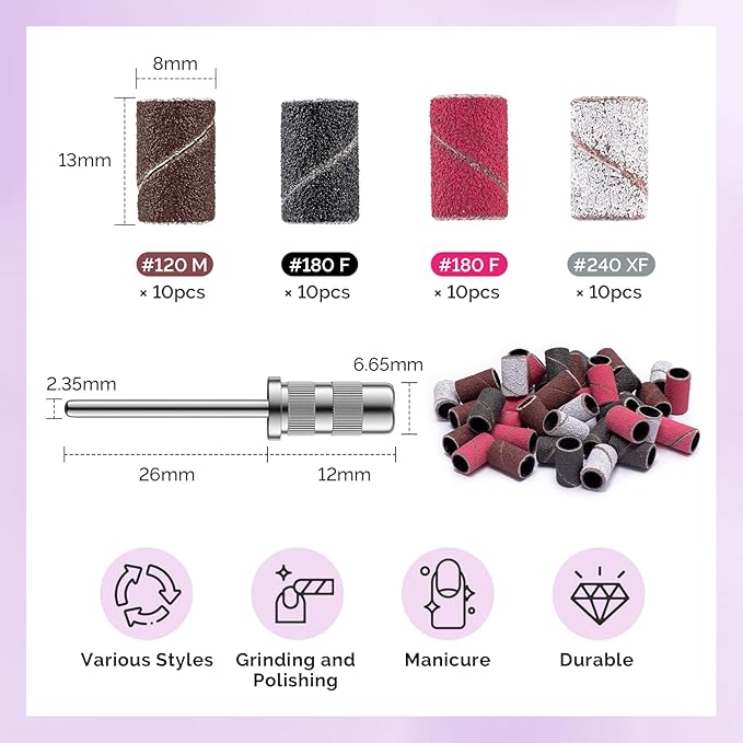 MelodySusie Nail Drill Bits, 10Pcs Diamond Sanding Bit Set with 40pcs Sanding Bands (#120#180#240 Grits) with 6.65mm Mandrel Bit, Nail Gel Polish Remover Tool for Acrylic Nails Manicure Nail Prep