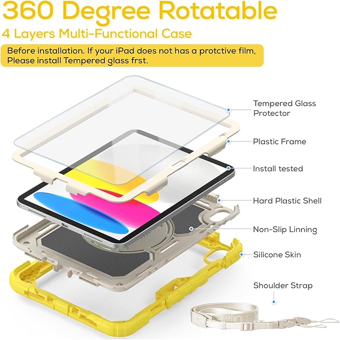 BLOSOMEET Case for iPad A16 11th/10th Generation 11''/10.9'' 2025 2022 with Tempered Glass Screen Protector, Rugged Cute Girls Boys Cover with Stand Hand Shoulder Strap, Fashion Yellow