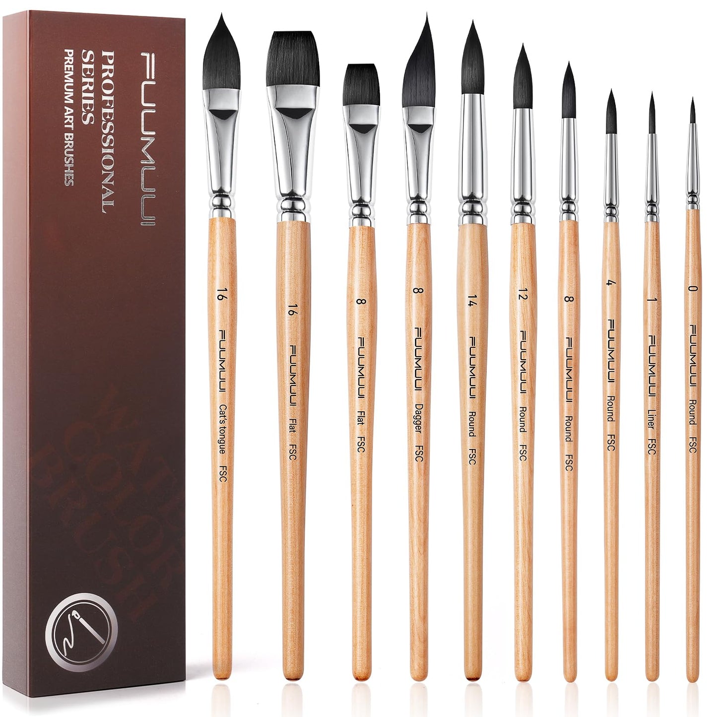 Watercolor Brush Set, Fuumuui 10pcs Professional Synthetic Squirrel Paint Brushes for Artists - Flat, Round Pointed, Dagger, Cats Tongue Oval Wash