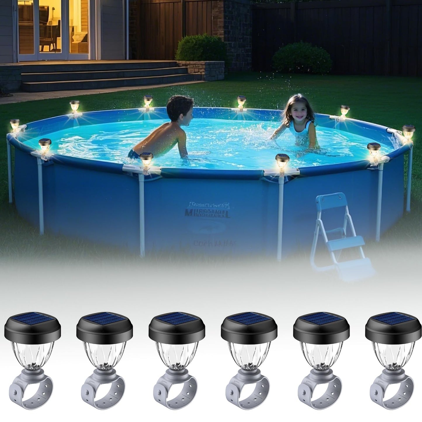 JEMULICE Solar Pool Lights for Above Ground Pools, LED Energy Saving Warm White Light, Waterproof for Frame Swimming Pools Night Accessories (6 Pcs)