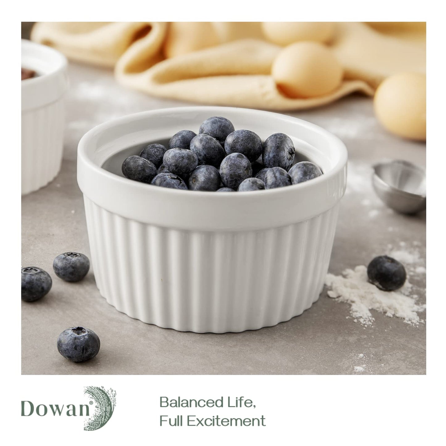DOWAN Ramekins 12 oz Oven Safe, Creme Brulee Ramekin Souffle Dishes for Baking, Porcelain Samll Bowls for French Onion Soup, Dessert Custard Cups Sauce Dish, Set of 6, Soft White