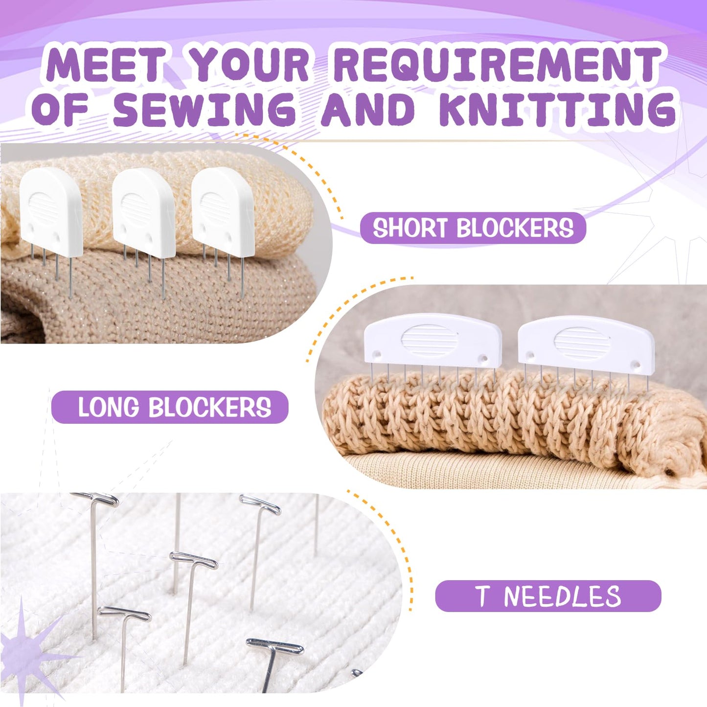 Opstin 130Pcs Knit Blocking Pins Kit for Knitting & Crochet Projects,20 Knit Blockers, Blocking Combs, Knitting Block Pins for Blocking Mats, Crochet Block Kit with 100 T-Pin and Storage Box