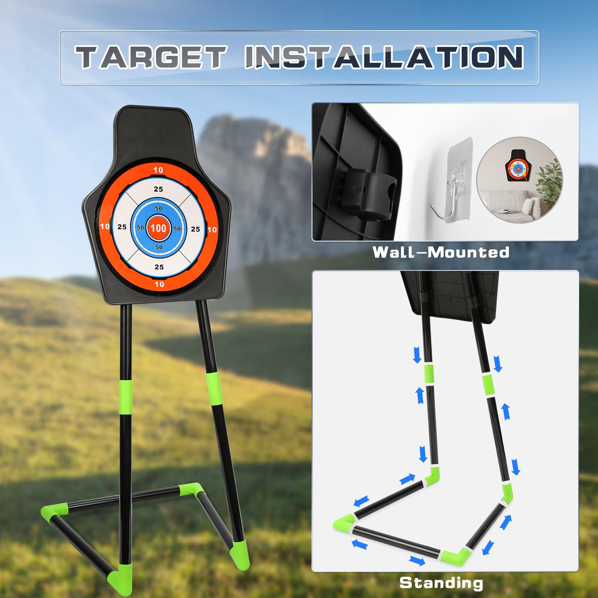 2 Pack Bow and Arrow Set with 29in Large Dart Board, LED Light Up Archery Set for Kids with 20 Suction Cup Arrows&12 Sticky Balls Standing Target Indoor Outdoor Toys Must Have for Boys Girls 3-12 yo
