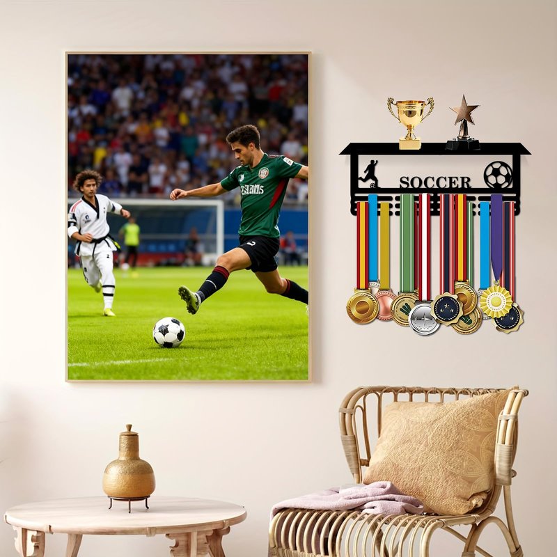 Resama World Cup Soccer Medal Hanger Holder Display Rack with Trophy Shelf, Holder for Awards Ribbons Personalized Medal Sports Themed Race Ribbon Holder for Wall Metal Display for Men Boy Girl Kid
