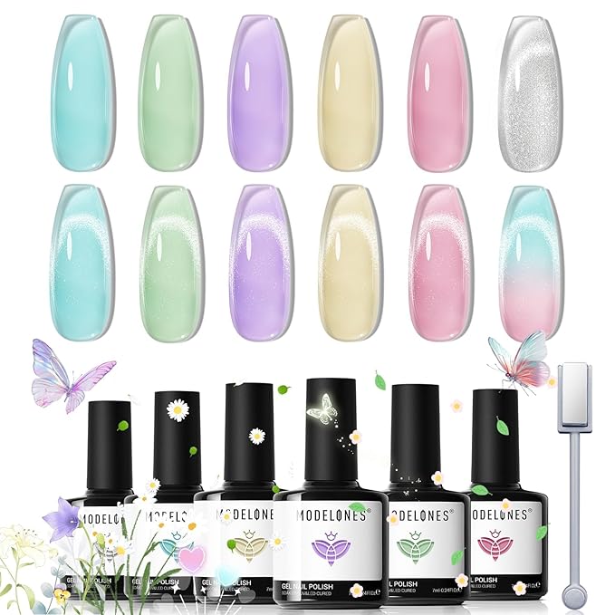 modelones Gel Nail Polish Set, 6 Colors 2026 Spring Summer Silver Cat Eye Gel Polish Translucent Pastel Sheer Pink Yellow Lavender Purple Baby Blue Mint Green Jelly Nail Polish W Magnet LED DIY Gift
