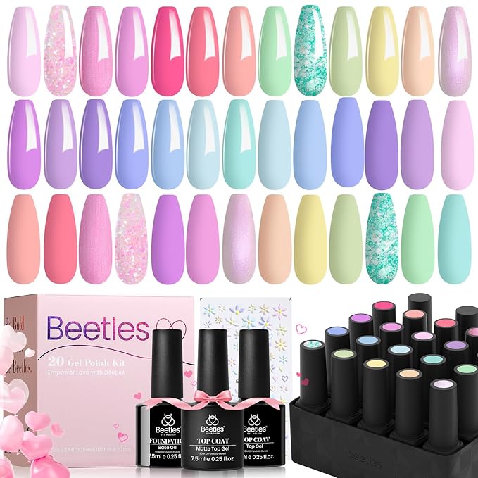 Beetles Pink Gel Nail Polish Set, 20 Color Macaron Colors Bright Pink Green Pastel Nail Polish Kit with Base Gel Glossy & Matte Top Coat Soak off Uv Nail Art Valentines Spring Gifts for Women
