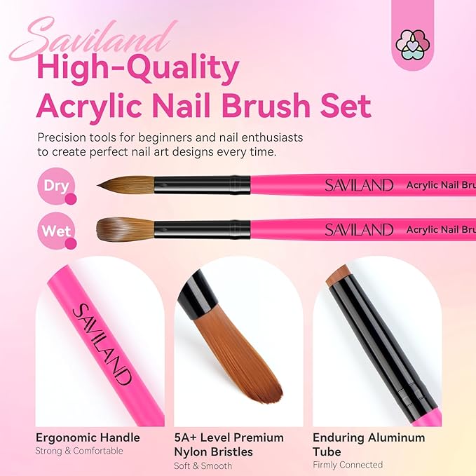 SAVILAND Acrylic Nail Brushes Set: Sizes 8, 10, 14 Nail Brushes for Professional Acrylic Powder Applications, Nails Extension, 3D Carving for Home Salon DIY Nail Art Brush Manicure Acrylics Tools Pink
