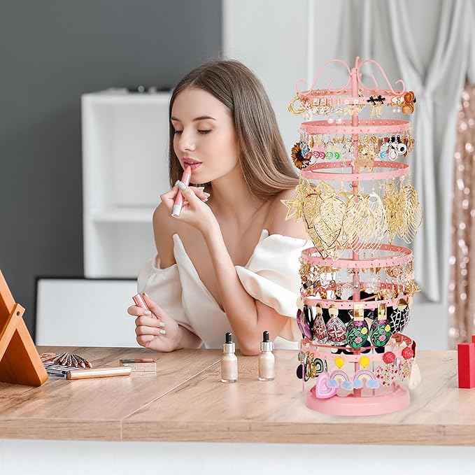 6 Tier Rotating Jewelry Organizer Stand, 230 Holes Earring Holder Organizer for Women Girls, Spinning Earring Tree with Ring Holder, Wide Base for Bracelets Watches Lipstick