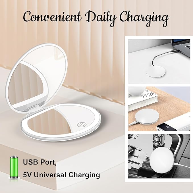 Kakuje Compact Mirror with Light, 1X/3X Magnification LED Pocket Mirror with USB Data Cable,Mini Mirror for Purse, Pocket,Travel and Present (White)