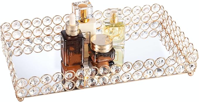 Feyarl Crystal Perfume Fragrance Tray Cosmetic Makeup Vanity Tray Jewelry Trinket Ring Earring Display Organizer Decorative Skin Care Storage for Home Dresser Countertop(13.7 x 7.87 inch)