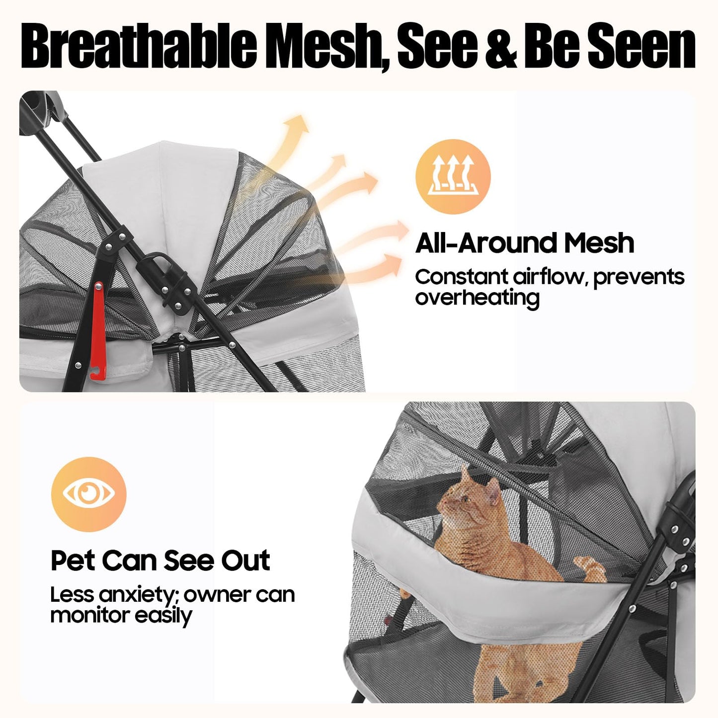 Pet Stroller for Small Medium Dogs Cats, Lightweight Foldable Pet Wagon with 360° Front Wheels & Brake, 40 lbs Capacity Carrier for Park Travel Shopping, Breathable Mesh Basket (Light Gray)