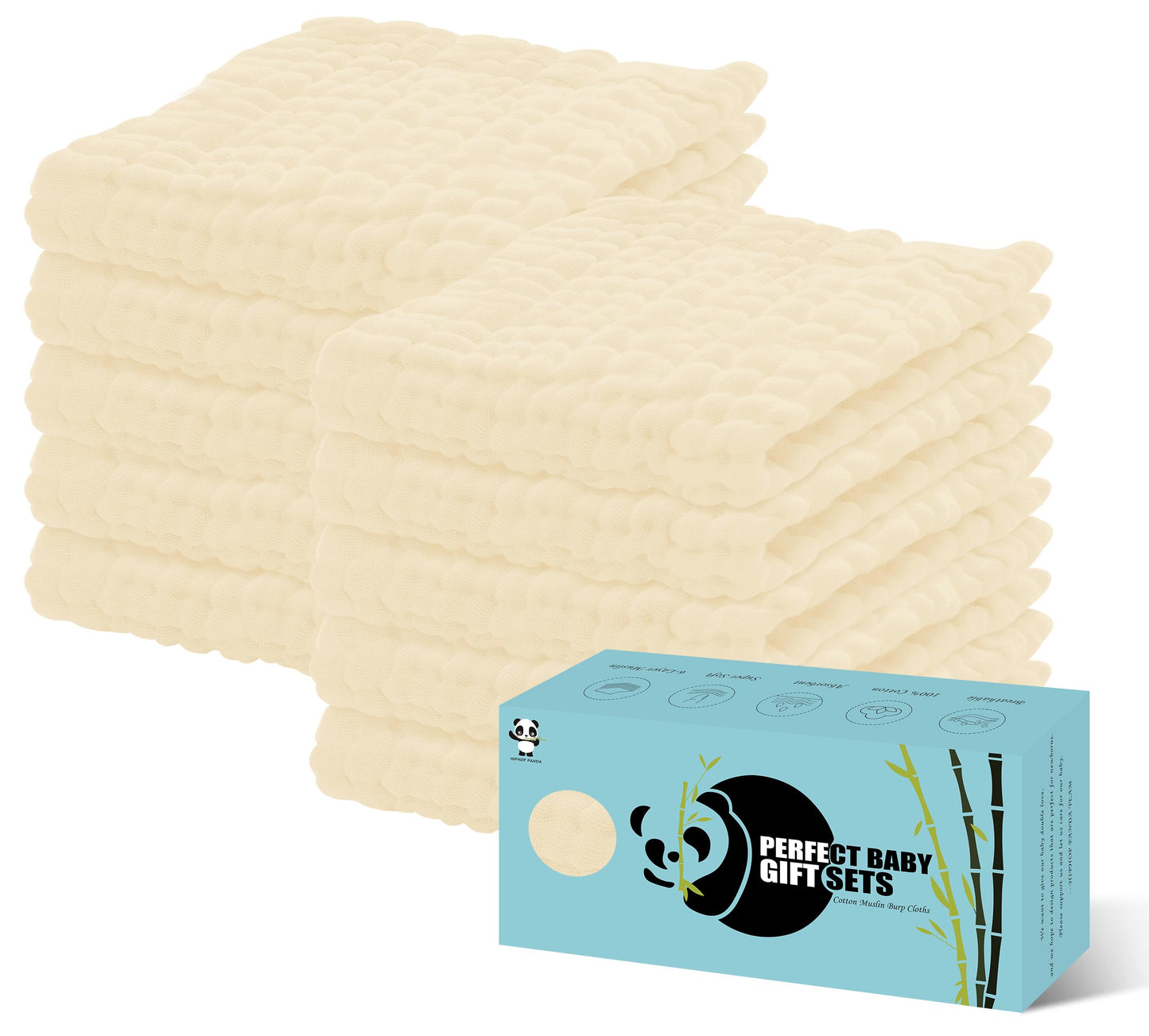 HIPHOP PANDA 10 Pack 6-Layers Muslin Burp Cloths Large - Durable 100% Cotton - Baby Essentials Extra Absorbent and Soft Boys & Girls Rags for Newborn Registry (Ivory, 20" X10")