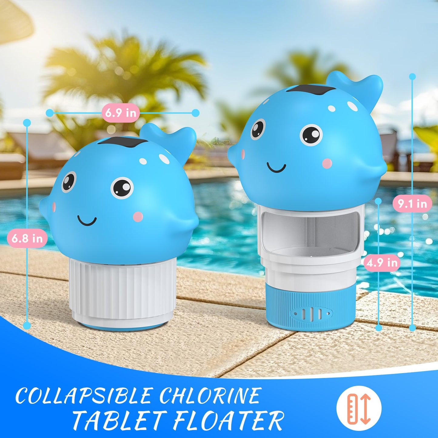 Blufree Pool Chlorine Floater, Solar Chlorine Tablet Floater w/Adjustable Release, Glow in The Dark Large Capacity Whale Floating Chlorines Dispenser for Pool Hot Tub Spa Fits 3 Inch Tabs