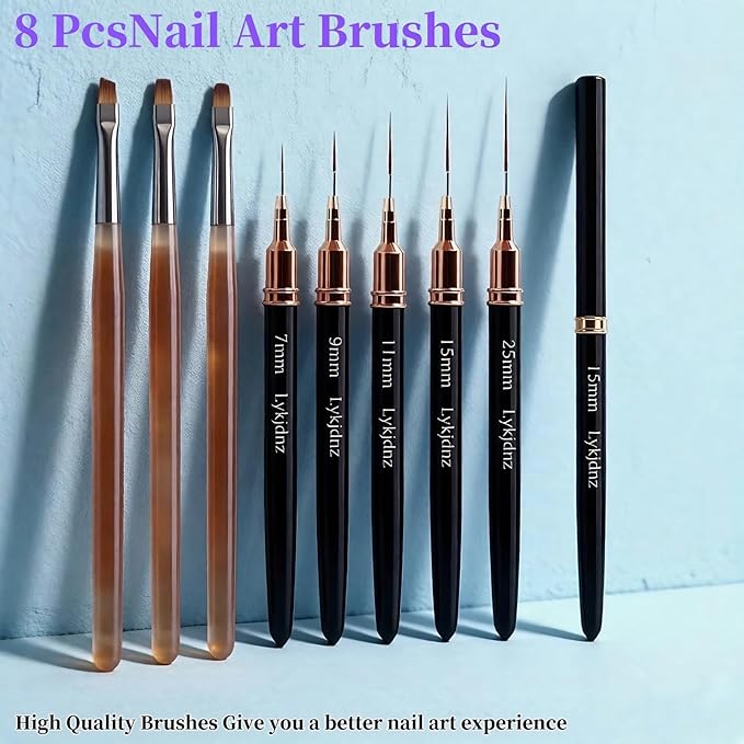 5Pcs Nail Art Liner Brushes, Liner Brush for Nails Gel, Thin Nail Art Brush, Sizes 7/9/11/15/25 mm, 3Pcs Nail Art Clean Up Brushes for Nail Design Painting DIY and Clean Polish Mistake On The Cuticles