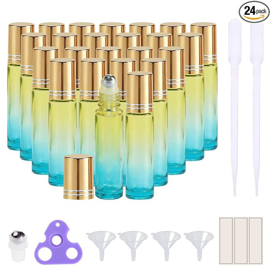 PrettyCare 24 Pack, 10 ml Essential Oil Roller Bottles with Stainless Steel Roller Ball - Refillable Leak-proof Empty Thick Blue& Yellow Glass Roll on Bottles with Golden Caps for Travel, Perfume