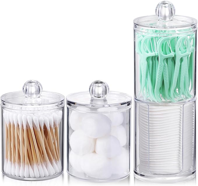 AOZITA 4 Pcs, Acrylic Qtip Holder Dispenser for Cotton Swab, Ball, Round Pads, Floss Picks - Clear Plastic Apothecary Jar Set for Bathroom Canister Storage Organization, Vanity Makeup Organizer