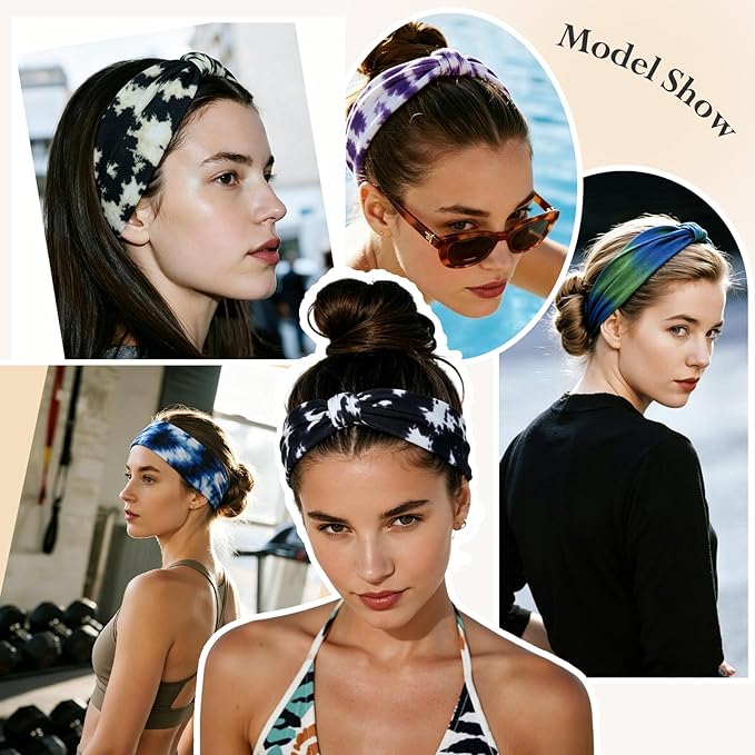 HSEM Sports Headbands for Women – 6 Pack Stretchy Non-Slip Wide Hair Bands – Soft Thick Elastic Sweatbands for Workout, Washing Face, Makeup, Running, Spa & Daily Fashion 1 Green Floral 5 Mixed 2-10