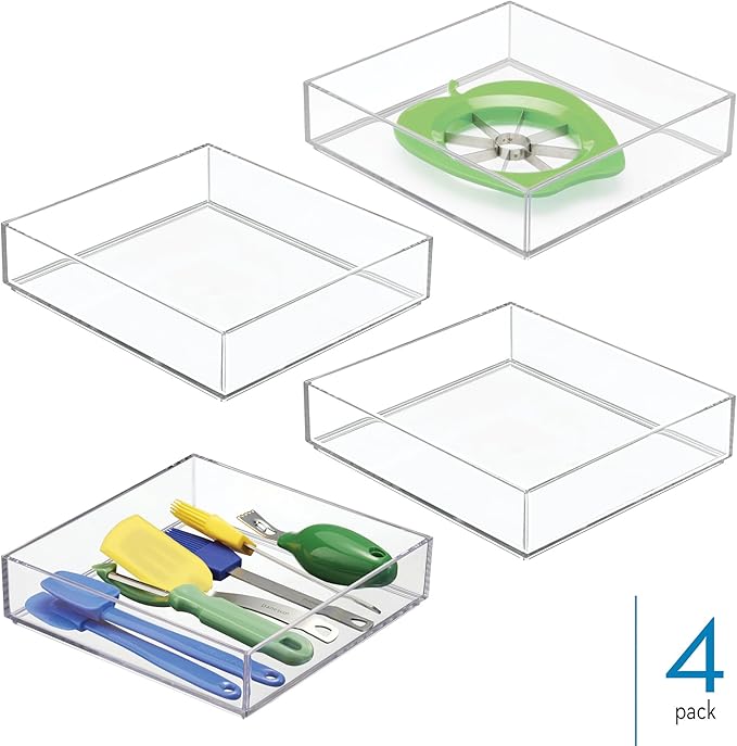 iDesign Stackable Makeup Drawer Organizer Tray - Vanity Organizer or Desk Organizer, Set of 4, Clear