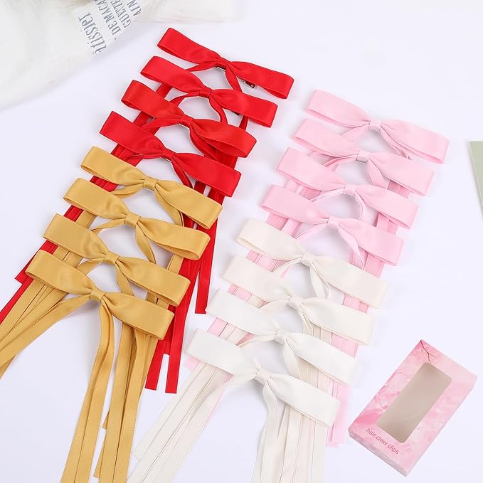 Hair Bows Clips Coquette Ribbon Bowknot with Long Tail Princess Hair Bows French Barrettes Hair Accessories for Women Girls 16PCS (redÃ¯Â¼ÂCreamÃ¯Â¼ÂPinkÃ¯Â¼ÂYellow)