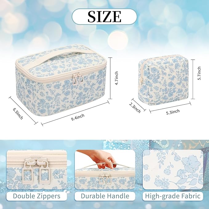 OCHEAL Makeup Bag Set, Portable Travel Makeup Bags Cosmetic Organizer Bag for Women Cute Floral Cosmetic Pouch Large Capacity Make up Bag Toiletry Bags with Divider and Handle-Floral