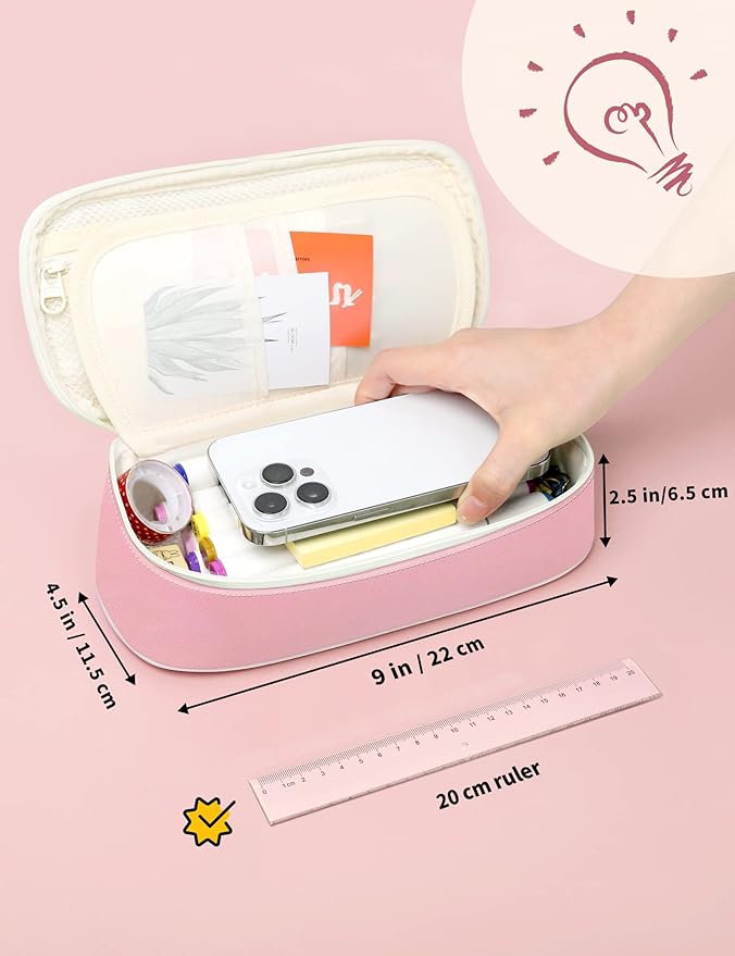 SUNEE Cute Pencil Case, Aesthetic Pen Pouch, Colored Large Pencil Bag with Zipper, Kawaii Stationery Storage and Organizer, School Supplies for Teen and Adult Girls, Pink