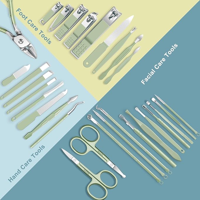 Manicure kit Personal Care Mens Grooming Kit, 30 in 1 Professional Nails Kit Pedicure Kit, Nail Clippers for Men and Nail Tools Portable Set, with Luxurious Travel Case (Green)