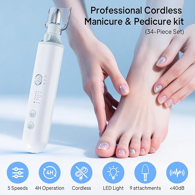 Professional Manicure Pedicure Kit, Electric Nail File Set,5 Speeds Hand Foot Care Tool for Nail Grind Trim Polish, Wider Grinder for Thick Nails, for Men Women Seniors
